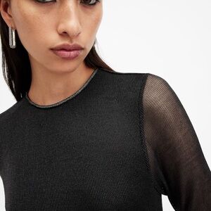ALL SAINTS Nora Sparkle Top in Black Shimmer | Sheer Mesh Metallic Glam NWT